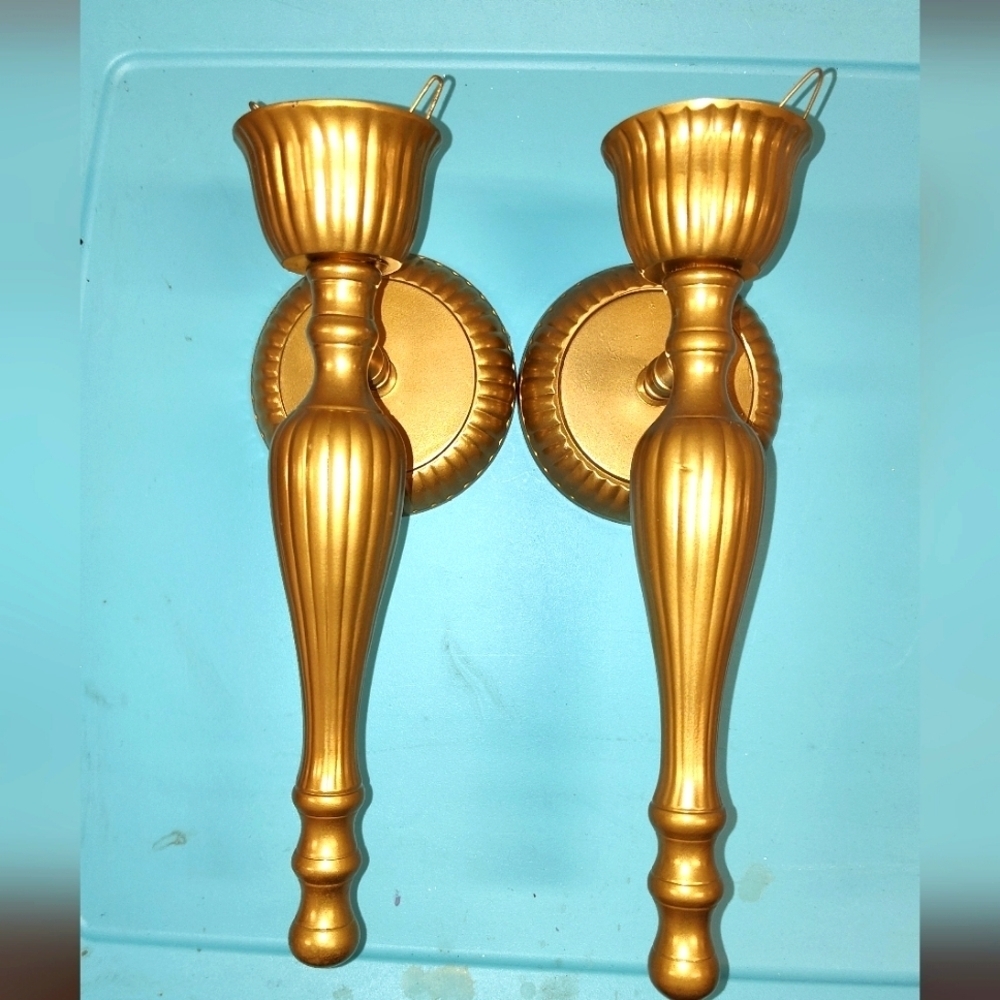 Vintage Gold Tone Brass Candle Holder Set